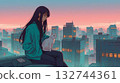 城市景觀插畫，描繪了一位長髮女子和一隻白貓在黃昏時分坐在屋頂上的情景。 132744361