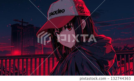 一幅插圖，描繪了一個戴著帽子的女孩站在被紅色霓虹燈照亮的城市屋頂上。 132744363