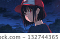 一幅美麗的動漫插畫，描繪了一個戴著紅帽子的女孩仰望夜空。 132744365