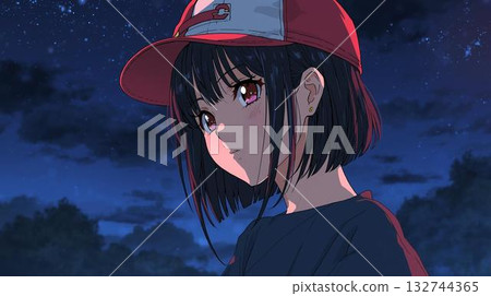 A beautiful anime illustration of a girl wearing a red hat looking up at the night sky A beautiful anime illustration of a girl wearing a red hat looking up at the night sky 132744365