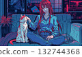 霓虹燈插畫，描繪了一位長髮女子和一隻貓坐在賽博龐克空間的沙發上。 132744368