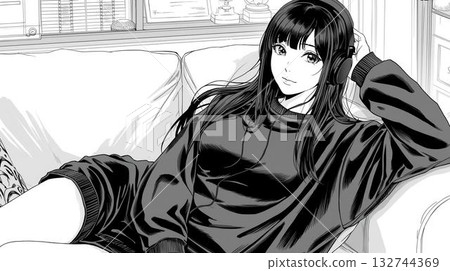 A long-haired woman relaxing on a sofa, monochrome illustration of a relaxing indoor scene 132744369