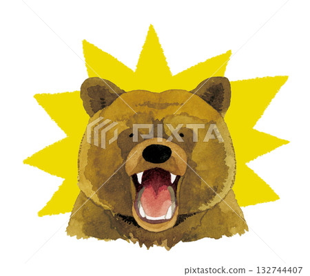 棕熊（熊）張開大嘴，擺出威脅的姿態－手繪水彩插圖 132744407