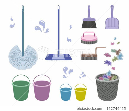 Home cleaning tools, brooms, mop and bucket. Equipment hygiene service. Recycle bin. Water drops and garbage. Isolated on white background. Set or collection. Home cleaning tools, brooms, mop and bucket. Equipment hygiene service. Recycle bin. Water drops and garbage. Isolated on white background. Set or collection. 132744435