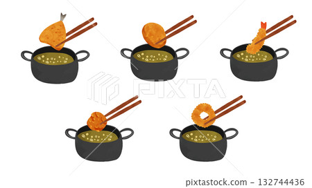 一套煎鍋及煎竹莢魚、馬鈴薯丸子、炸蝦、炸雞和魷魚圈。水彩風格手繪向量插圖。 132744436