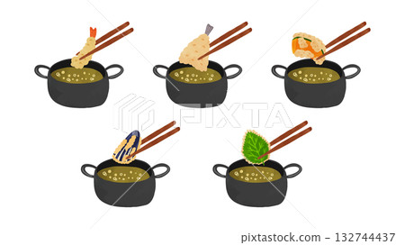 Deep fryer and shrimp tempura, sardine tempura, pumpkin tempura, eggplant tempura, and shiso leaf tempura. Watercolor-style hand-drawn vector illustration. Deep fryer and shrimp tempura, sardine tempura, pumpkin tempura, eggplant tempura, and shiso leaf tempura. Watercolor-style hand-drawn vector illustration. 132744437