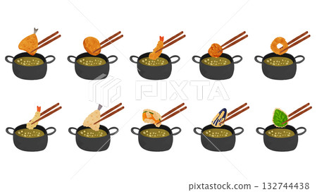煎鍋和炸天婦羅套裝。水彩風格手繪向量插圖 132744438