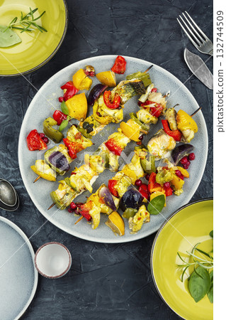Fish skewers on a BBQ, seafood. 132744509