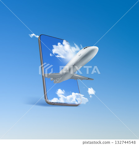 Airplane flying in the sky above the cloudscapes through a cellphone screen with a blue sky background. Travel by airplane concept Airplane flying in the sky above the cloudscapes through a cellphone screen with a blue sky background. Travel by airplane concept 132744548