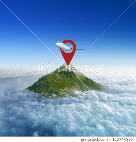 Volcano mountain and an airplane on a location pointer mark with a cloudy blue sky background. Natural background Volcano mountain and an airplane on a location pointer mark with a cloudy blue sky background. Natural background 132744550