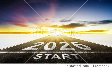 Number 2026 with text of start on the street toward a bright sunrise scene. Happy New Year concept or Celebration. 2026 Goal Target Number 2026 with text of start on the street toward a bright sunrise scene. Happy New Year concept or Celebration. 2026 Goal Target 132744567