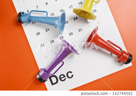 Calendar showing 1st January 2026 as the new year with a plastic horn. Happy New Year concept or Celebration Calendar showing 1st January 2026 as the new year with a plastic horn. Happy New Year concept or Celebration 132744581