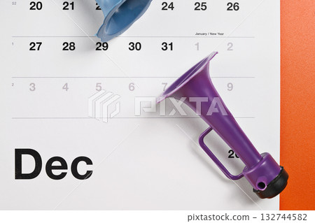 Calendar showing 1st January 2026 as the new year with a plastic horn. Happy New Year concept or Celebration Calendar showing 1st January 2026 as the new year with a plastic horn. Happy New Year concept or Celebration 132744582