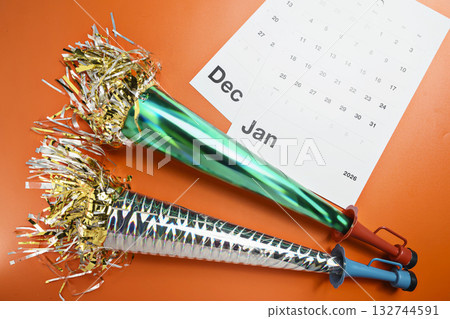 Calendar showing 1st January 2026 as the new year with party horns. Happy New Year concept or Celebration Calendar showing 1st January 2026 as the new year with party horns. Happy New Year concept or Celebration 132744591