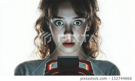 A woman with a surprised expression and a smartphone 132744668