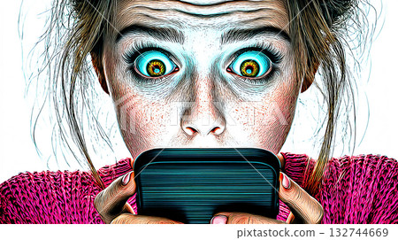 A woman looking at her smartphone with a surprised expression 132744669