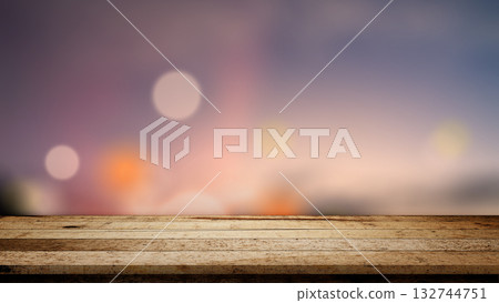 Rustic wooden table surface with colorful bokeh lights background. Mockup, template, or copy space. Product display and promotional content 132744751