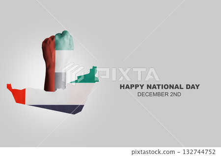 Human hand on the maps of the United Arab Emirates with the national flag color. Concept of the UAE national day celebration. Collage art 132744752