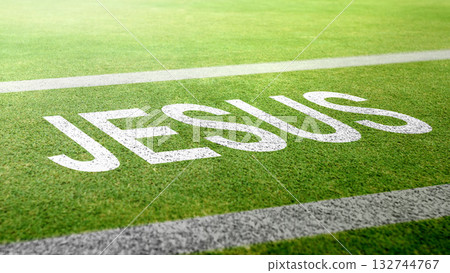 Text of Jesus on green grass texture. Concept of Christianity, religious, faith, Jesus, or belief Text of Jesus on green grass texture. Concept of Christianity, religious, faith, Jesus, or belief 132744767