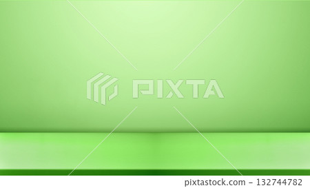 Table or shelf for product display with a green wall background. Product presentation, mockup, copy space, and template Table or shelf for product display with a green wall background. Product presentation, mockup, copy space, and template 132744782