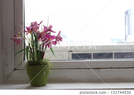 Pots with artificial flowers on the windowsill. Pots with artificial flowers on the windowsill. 132744830