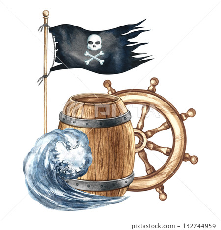 Pirate theme. Wooden barrel, pirate flag, and ship's wheel. Hand-drawn watercolor illustrations. For children's games and celebrations. For stickers, posters, banners, packaging, and more. 132744959