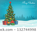 Christmas tree with decorations and gift boxes. Holiday background. Merry Christmas and Happy New Year. Vector 132744998