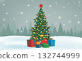 Christmas tree with decorations and gift boxes. Holiday background. Merry Christmas and Happy New Year. Vector 132744999