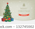 Christmas tree with decorations and gift boxes. Holiday background. Merry Christmas and Happy New Year. Vector 132745002
