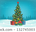 Christmas tree with decorations and gift boxes. Holiday background. Merry Christmas and Happy New Year. Vector 132745003