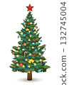 Christmas tree with decorations and gift boxes. Holiday background. Merry Christmas and Happy New Year. Vector 132745004