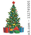 Christmas tree with decorations and gift boxes. Holiday background. Merry Christmas and Happy New Year. Vector 132745005