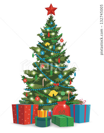 Christmas tree with decorations and gift boxes. Holiday background. Merry Christmas and Happy New Year. Vector Christmas tree with decorations and gift boxes. Holiday background. Merry Christmas and Happy New Year. Vector 132745005