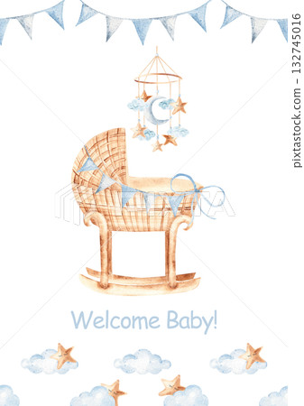 Watercolor baby shower invitation for a baby boy with wicker cradle, moon and stars mobile, and blue bunting, clouds and stars border. Ideal for newborn celebration. Watercolor baby shower invitation for a baby boy with wicker cradle, moon and stars mobile, and blue bunting, clouds and stars border. Ideal for newborn celebration. 132745016