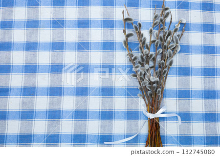 Willow branches, spring buds of a tree in bloom on a summer's eve Willow branches, spring buds of a tree in bloom on a summer's eve 132745080
