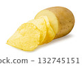 Potato chips and raw potato close-up on a white. Isolated 132745151