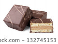 Chocolate covered biscuit and half close-up on white. Isolated 132745153