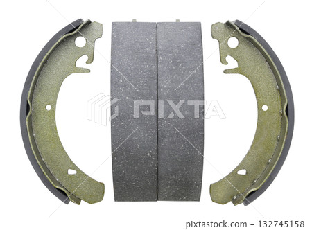 Brake pads drums cut out on a white. Top view 132745158