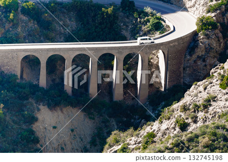 Road and viaduct from Granatilla viewpoint, Spain 132745198