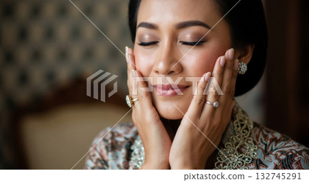 An elegant Asian woman with closed eyes gently touching her face. Beauty, skincare, and self-care concept. Close-up portrait of a person in traditional clothing with makeup and jewelry 132745291