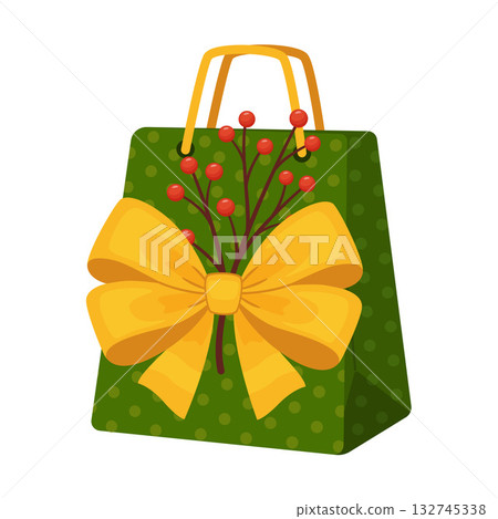 Christmas green gift bag with large golden bow and red holly berries 132745338