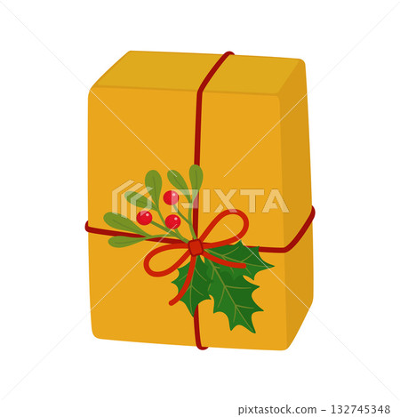 Yellow Christmas gift box with red ribbon and mistletoe branch. flat vector illustration Yellow Christmas gift box with red ribbon and mistletoe branch. flat vector illustration 132745348