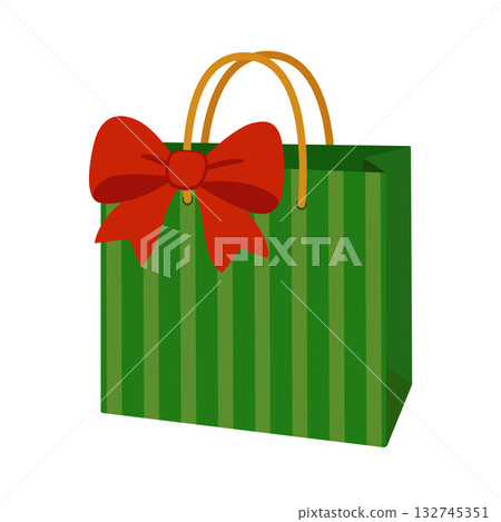 Festive Green gift bag with red bow. flat style isolated. Festive Green gift bag with red bow. flat style isolated. 132745351