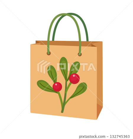 Christmas gift bag with mistletoe branch. flat style isolated. Christmas gift bag with mistletoe branch. flat style isolated. 132745363