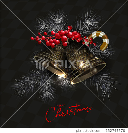 Merry Christmas. Isolated white Christmas tree garland with textured gold bells 132745378