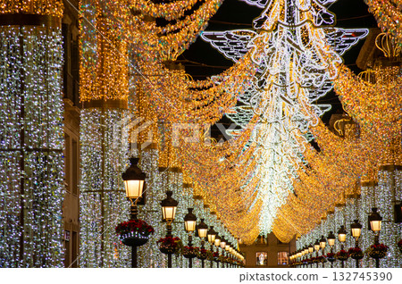 The city center glows with enchanting Christmas decorations, creating a festive wonderland in Malaga, Spain 132745390