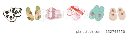 Cute slippers clipart pack with panda, bow and strawberry designs in cozy home style 132745550