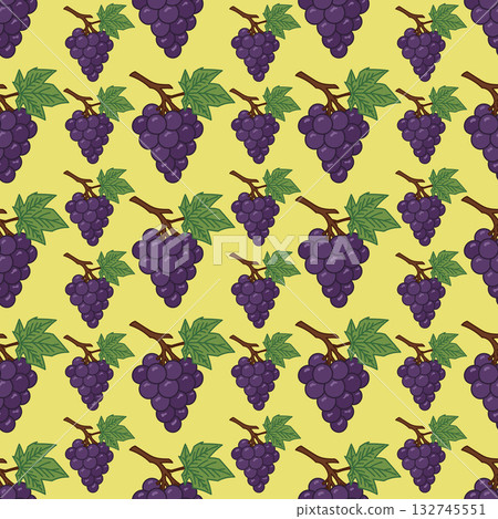 Seamless grape pattern with purple bunches and green leaves for winery design 132745551