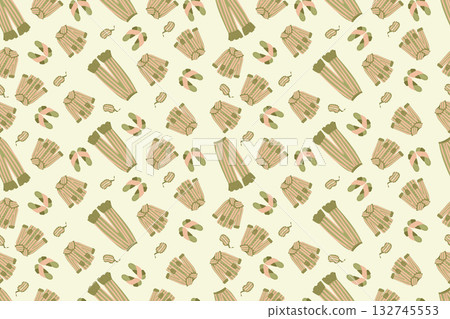Seamless pajama pattern with striped sleepwear and slippers in cozy minimal style Seamless pajama pattern with striped sleepwear and slippers in cozy minimal style 132745553
