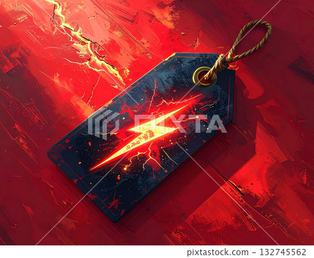 A price tag with a lightning bolt design sits on a red background, symbolizing fast Black Friday deals. 132745562